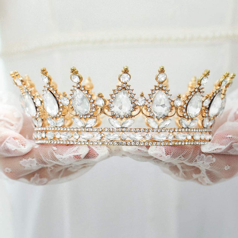 Foyte Baroque Queen Crown and Tiara Sparkly Rhinestone Wedding Crown Bride Tiaras Princess Full Round Tiaras Headpieces for Women SilverGold